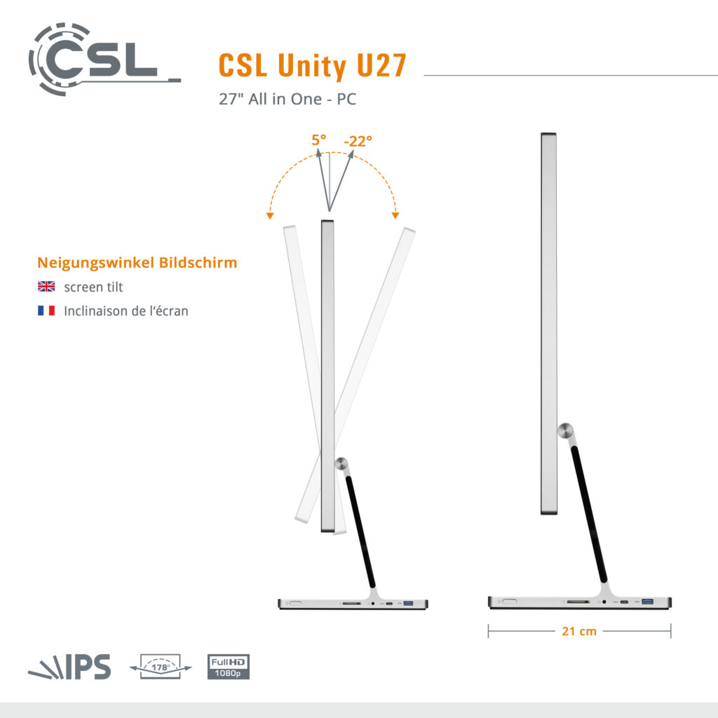 Seitenansicht Unity U27 All-In-One-PC, Neigunsgwinkel